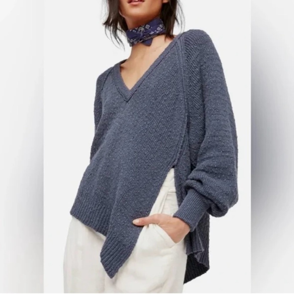 Free People West Coast V Neck Oversized Textured Sweater Pullover Gray Blue S
